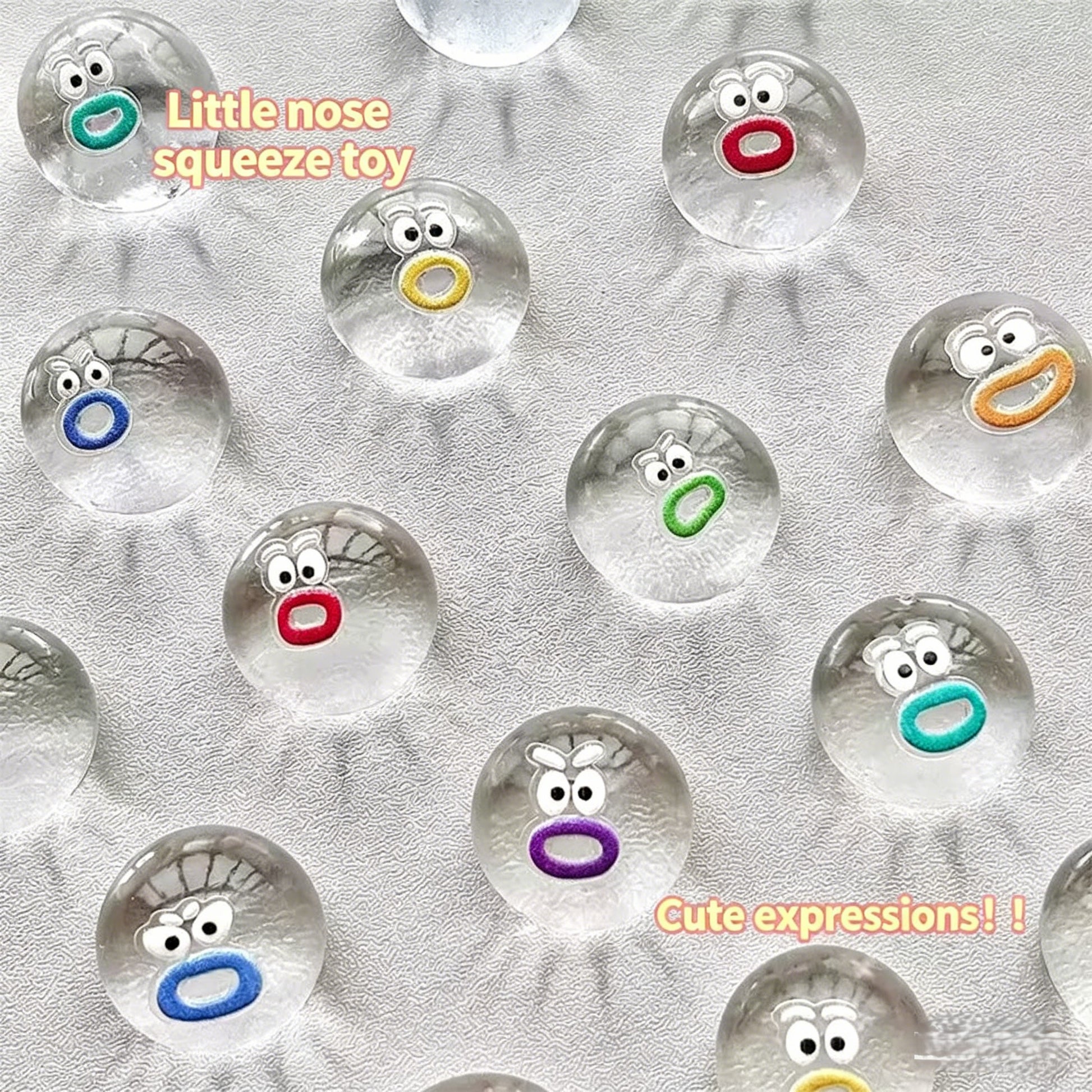 "Bulk assorted colorful little nose squeeze toys with different fuzzy mouth expressions"