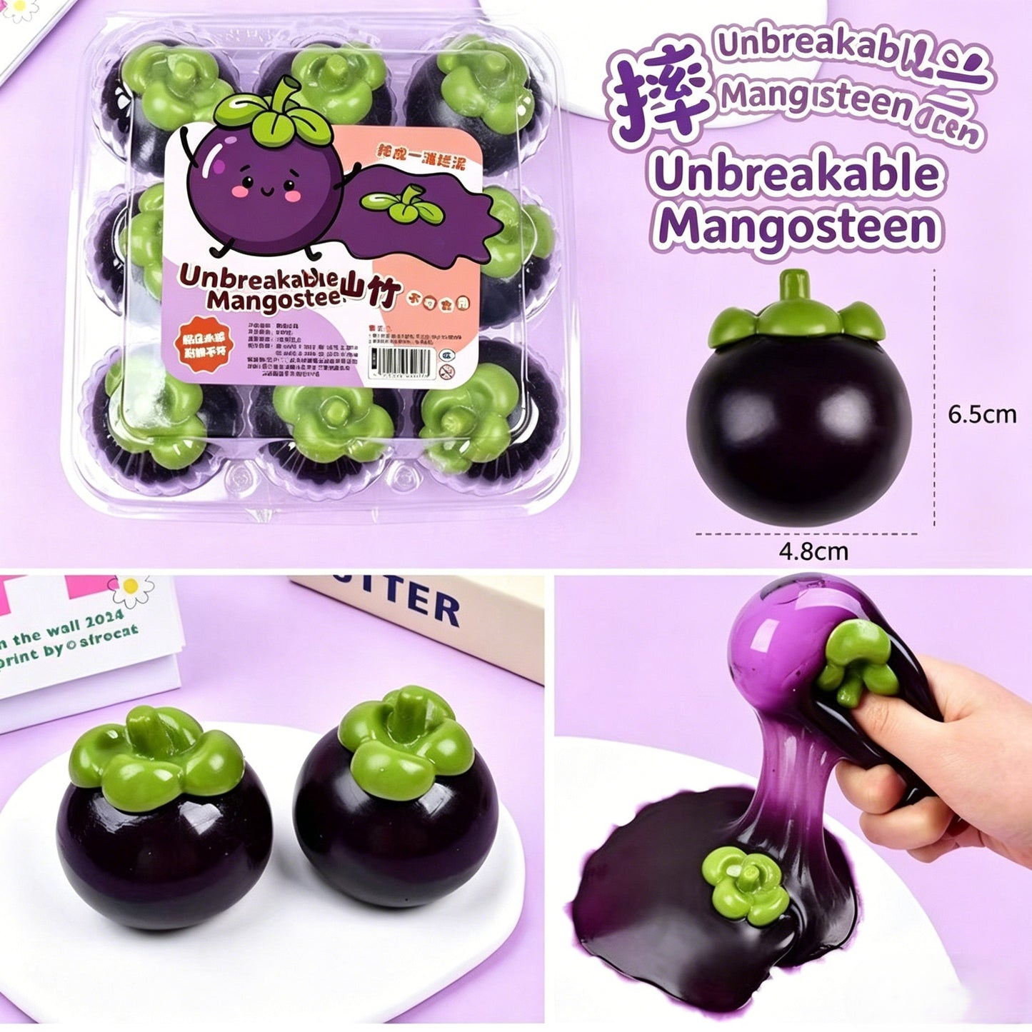 "Hand squeezing fluid filled mangosteen squeeze toy showing oozing soft fluid texture"