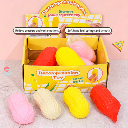 "Colorful peanut squeeze toys in red, yellow, pink and beige for stress relief"
