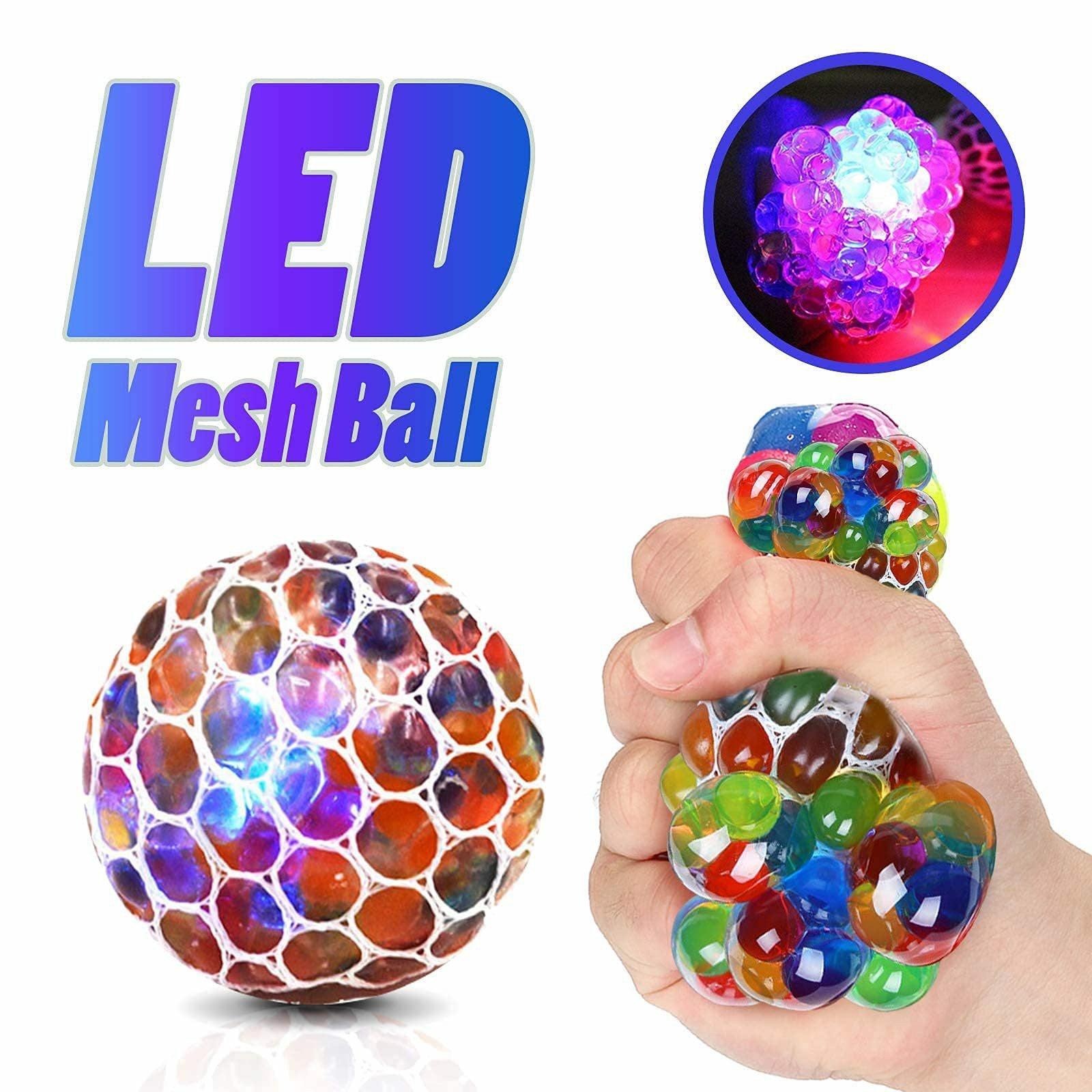 "Hand squeezing glowing grape squeeze toy with popping colorful beads and flashing LED light"