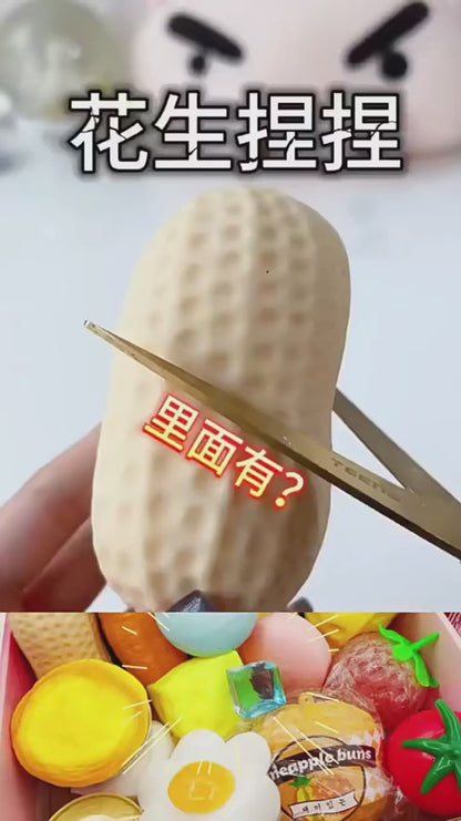 "Hand squeezing soft peanut-shaped squishy toy showing slow rebound effect"