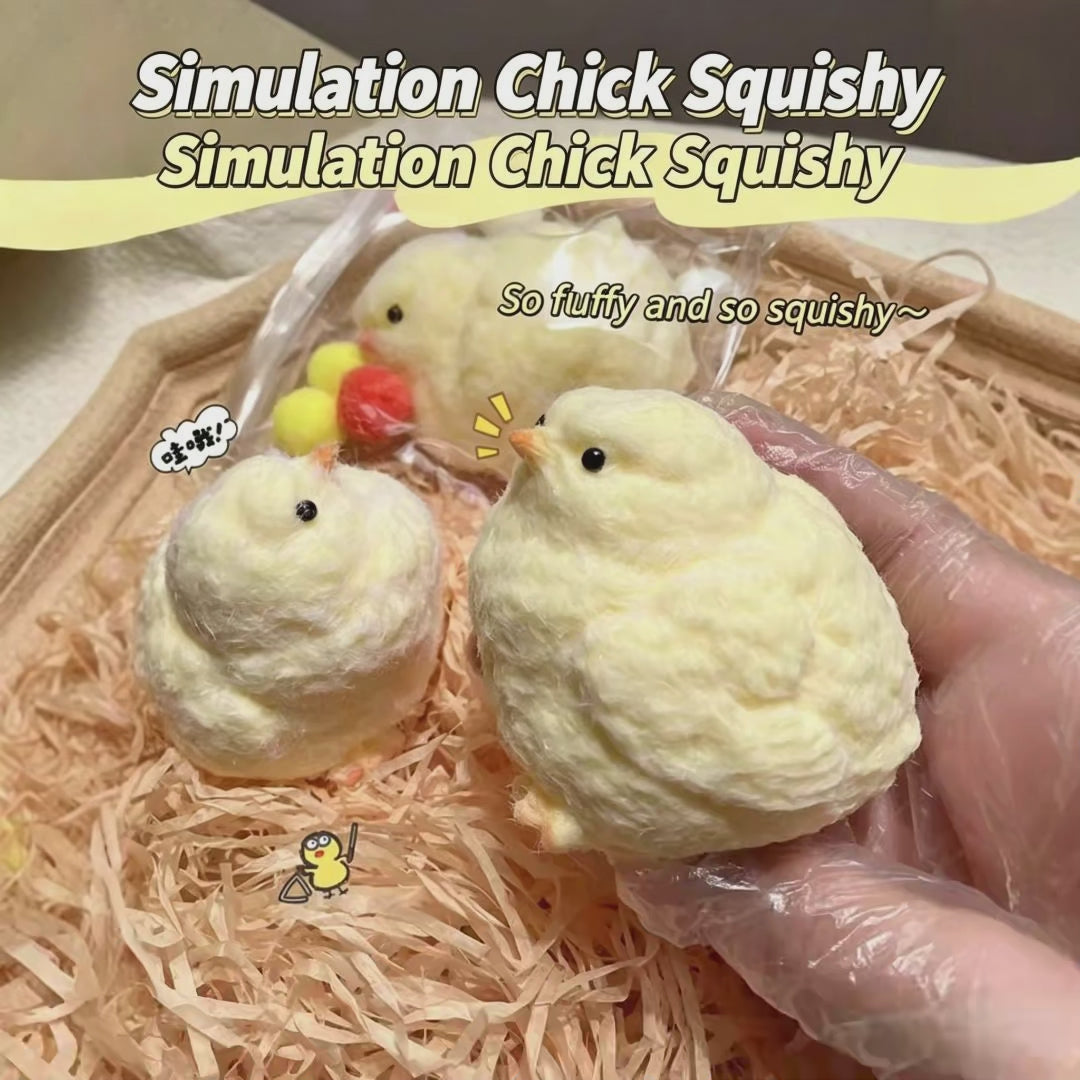 "Hand holding fluffy chick squishy toy showing soft and squishy feel"