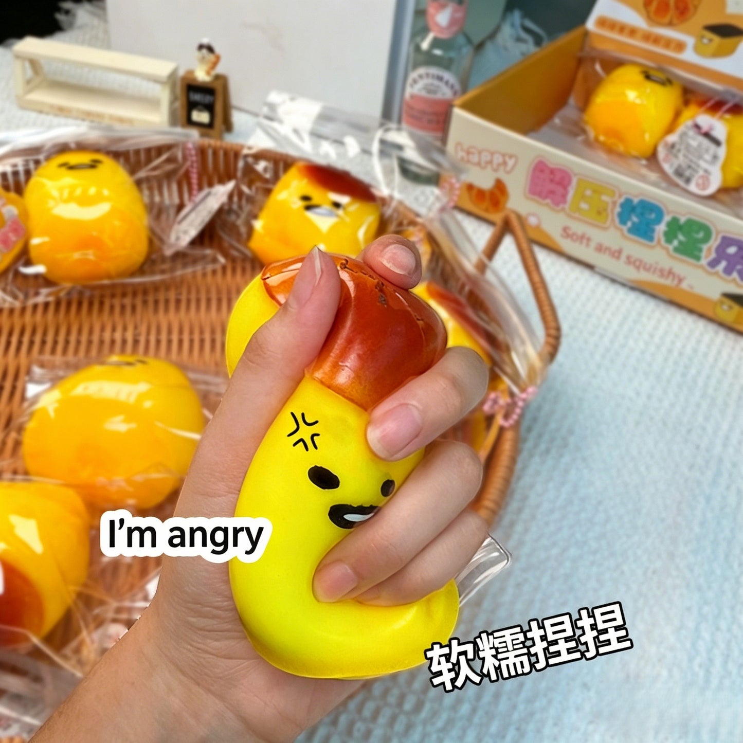 "Lazy egg pudding squishy toy realistic caramel pudding stress relief fidget toy"