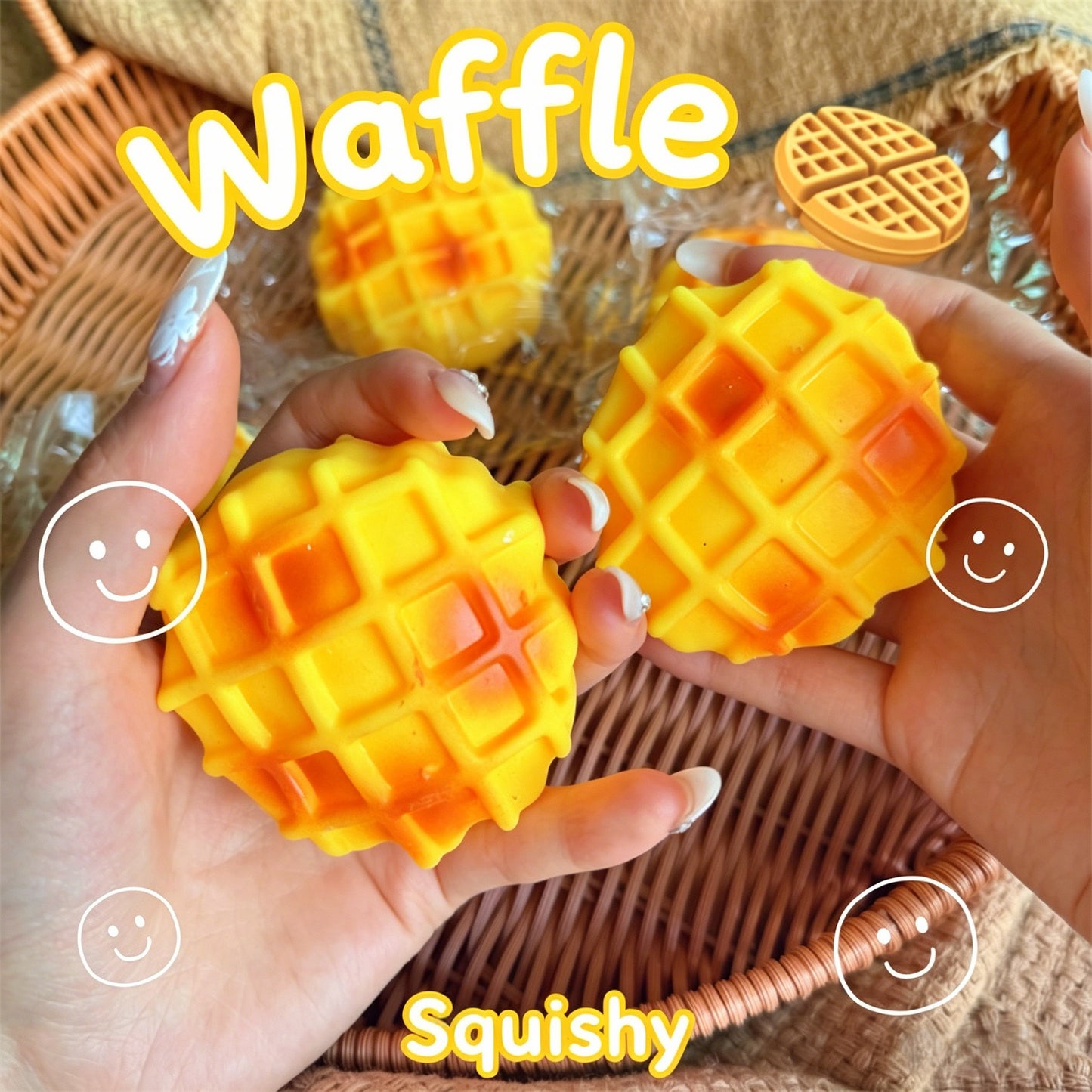 "Hand squeezing soft waffle-shaped squishy toy showing slow rebound effect"