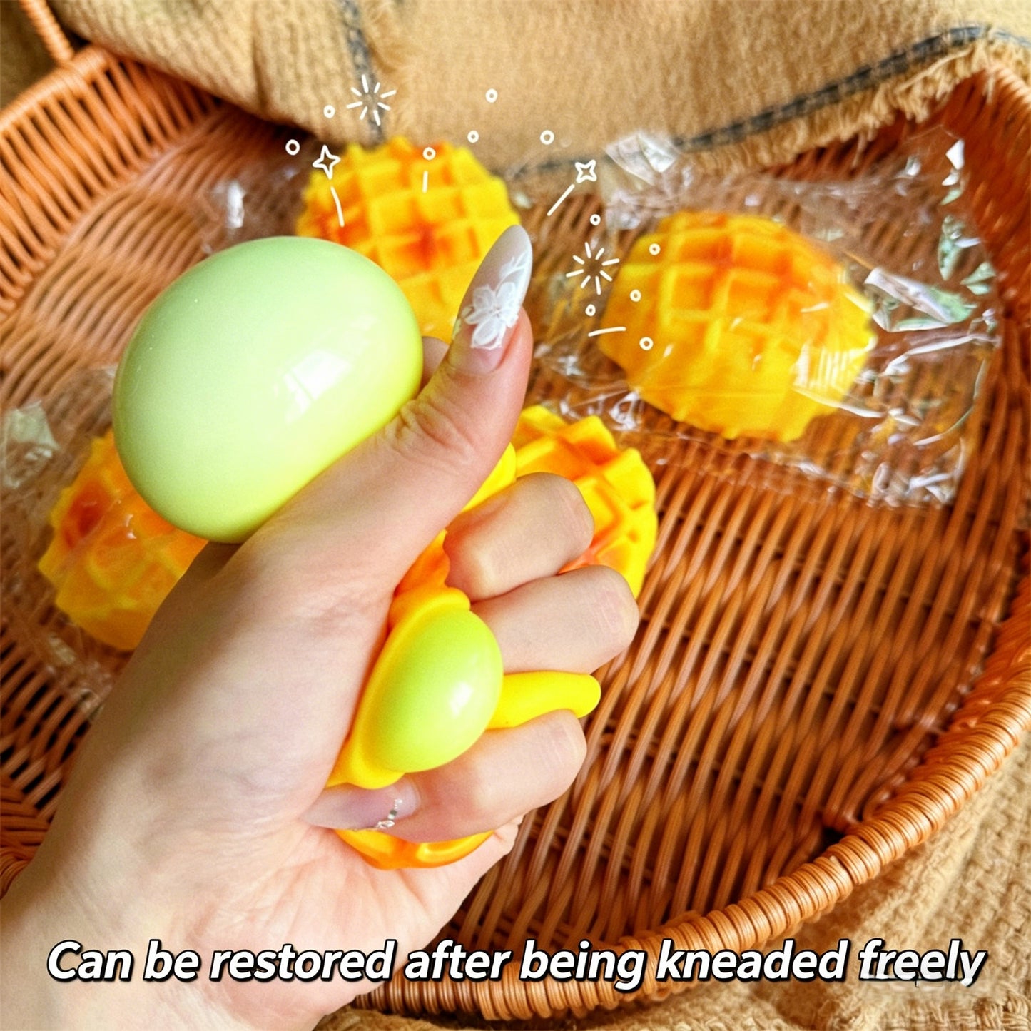 "Lifelike waffle squeeze toy with baked gradient color and grid pattern"